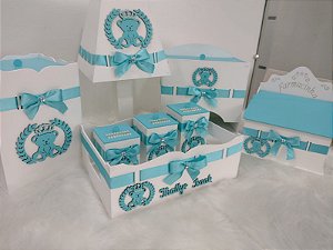 Kit Higiene em MDF ursinho na cor Azul Tifany