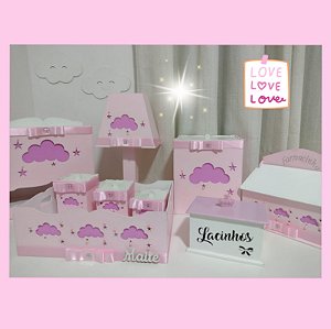 Kit Higiene em MDF de nuvem pintado na cor rosa