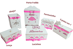 Kit Higiene Bebê Nuvem na cor Rosa – Porta Fraldas, Farmacinha, Potes, Lixeira