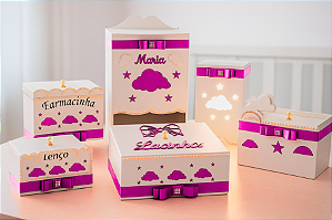 Kit Higiene Bebê Nuvem na cor Rosa Pink – Porta Fraldas, Farmacinha, Potes, Lixeira