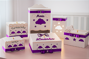 Kit Higiene Bebê Nuvem na cor Roxo – Porta Fraldas, Farmacinha, Potes, Lixeira