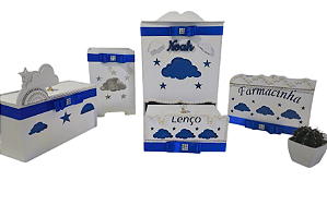 Kit Higiene Bebê Nuvem na cor Azul Escuro – Porta Fraldas, Farmacinha, Potes, Lixeira