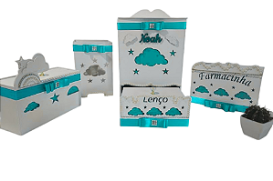 Kit Higiene Bebê Nuvem na cor Azul Turquesa – Porta Fraldas, Farmacinha, Potes, Lixeira