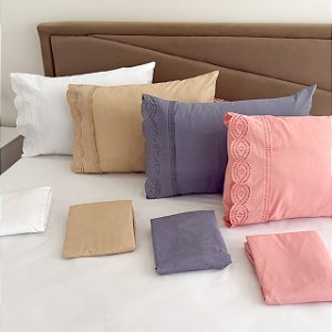 Kit Lençol Queen Premium 400 Fios Bordado Inglês