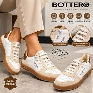 Tênis Feminino Bottero Original Couro Branco Zíper Lateral Calce Fácil