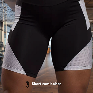 Short Fitness Com Bolso Em Tela Dry Preto Branco
