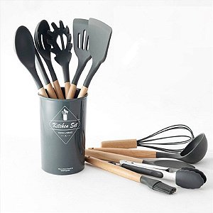 Kit C/12 Utensílios De Cozinha Silicone Cabo Madeira