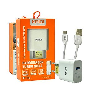 Carregador KAIDI USC C 3.0 Quick Charger Turbo Com Cabo