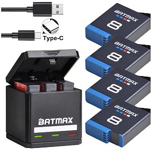 Kit 4 Bateria + Carregador Usb Gopro Hero 5 Hero 6 Hero 7 Hero 8 - Batmax