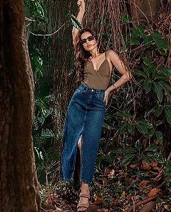 Saia Jeans Longa Com Fenda