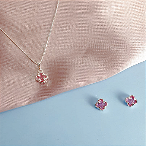 Conjunto Pingente e Brincos Trevo -  Prateado e Rosa