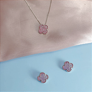 Conjunto Pingente e Brincos Trevo -  Prateado e Rosa
