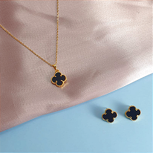 Conjunto Pingente e Brincos Trevo -  Dourado e Preto