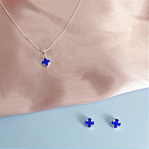 Conjunto Pingente e Brincos Trevo -  Prateado e Azul Royal