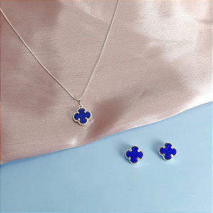Conjunto Pingente e Brincos Trevo -  Prateado e Azul Royal