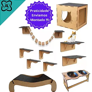 Playground Gatos Madeira MDF Carpete Ponte Prateleira Degrau Caixa Casa Conforto Rede Comedouro