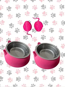 KIT COMEDOUROS GATO ORELHA + BRINQUEDOS