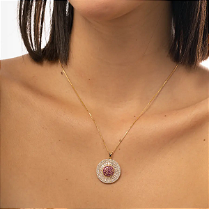 Colar Redondo Luxo Com Cristais Rosas Banhado A Ouro 18k