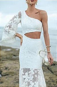 VESTIDO MIDI OFF WHITE DE MALHA CROCHET OFF WHITE