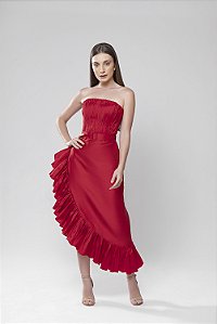 Vestido midi tomara que caia assimétrico com babados Venus