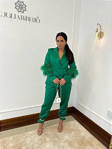 Blazer alfaiataria com detalhes em plumas verde Vênus
