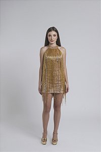 Vestido curto com cava americana bordado com franjas