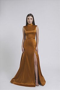 Vestido longo gola alta e saia nesgada Venus