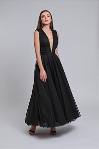 Vestido midi com drapeado no busto LR