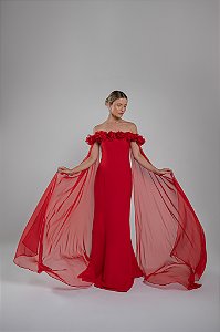 Vestido longo tomara que caia detalhado em flores e capa Garden