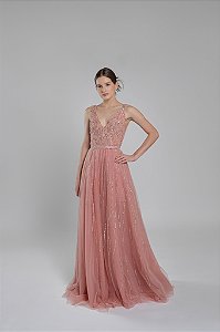 Vestido longo em camadas de tule italiano e pedrarias Garden