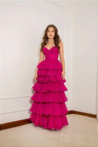 Vestido tule de seda e renda francesa em babados fucsia Cápsula