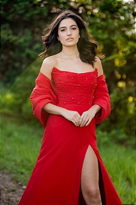 Vestido drapeado com cristais georgette de seda vermelho pétalas