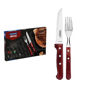 Jogo de Talheres Tramontina 12 Peças Jumbo Churrasco em Aço Inox Cabo Madeira Tratada