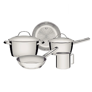 Jogo de Panelas Tramontina Allegra 5 Peças Aço Inox Fundo Triplo e Tampas Inox