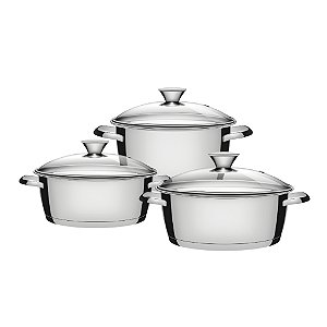 Jogo de Panelas Tramontina Allegra 3 Peças Aço Inox Fundo Triplo Tampa de Vidro 22x22x24cm