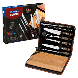 Tramontina Kit para Churrasco Lâminas em Aço Inox e Cabos Madeira Polywood Castanho e Tábua 8 Peças