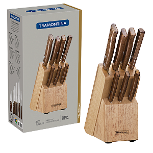 Jogo de Facas Tramontina Tradicional com Lâminas em Aço Inox e Cabos em Madeira Natural com Suporte 08 Peças