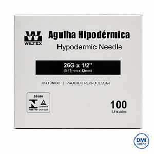 Agulha Descartável Hipodérmica 26g 13x4,5 Com 100 Unidades Wiltex