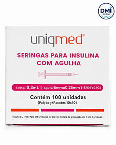 Seringa Insulina 0,3ml 6mm X 0,25mm 31g 10 Unidades - Uniqmed