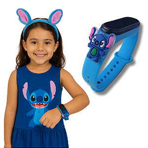 Relógio Infantil Digital Stitch Disney  Á Prova De água Led azul
