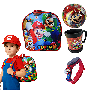 KIT LANCHEIRA INFANTIL CANECA BOLA RELOGIO QUE GIRA MENINO MARIO BROS