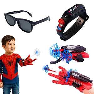 Kit Brinquedo Lançador Teia Solta Teia Homem Aranha Menino Com Oculos E Relogio