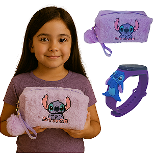 Estojo Menina Feminino Com Relogio Stitch Digital Led Data & Hora Disney