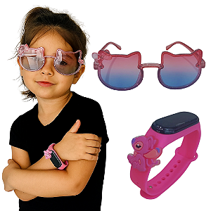 Kit Oculos Com Relogio Infantil Digital Femino Angel Stitch Data & Hora