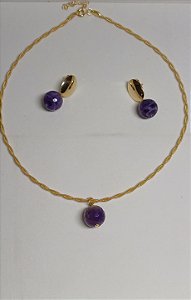 CONJUNTO COLAR ARO TORCIDO E BRINCO PEDRA  AMESTISTA BANHADO OURO 18K