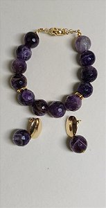 CONJUNTO PULSEIRA E BRINCOS PEDRAS AMETISTA BANHADO OURO 18K