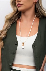 CONJUNTO PEROLA AGUA DOCE E BRINCO CRISTAL MORGANITA 68CM BANHADO A OURO 18k