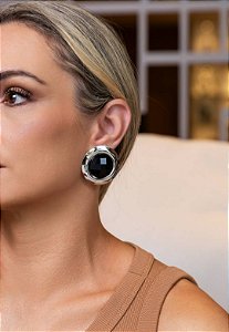 BRINCO BOTAO RESINA  PRETA PRATEADO  BLACK *W
