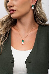 CONJUNTO OVAL TURMALINA VERDE E PEROLA SINTETICA 40+5CM