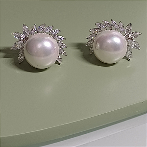BRINCO PEROLA E ZIRCONIA  RÓDIO BRANCO